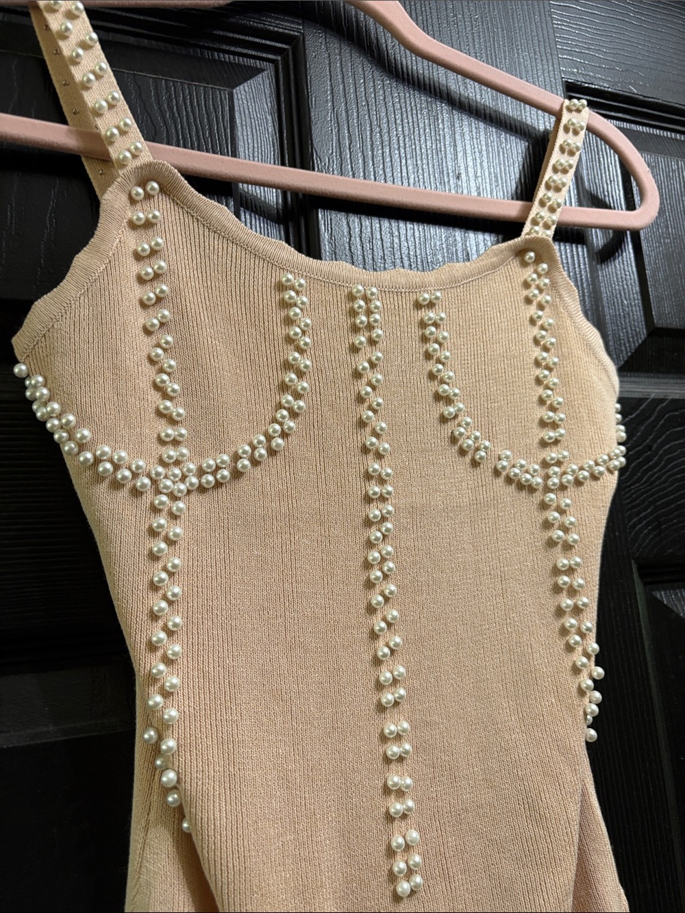 Pearl-Trim Nude Pink Mini Dress - Picture 3 of 6